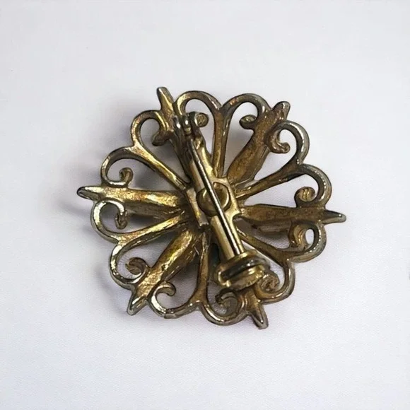 Vintage Antique Gold Tone Starburst Orange Acrylic Stones Faux Pearl Pin Brooch - Picture 2 of 3